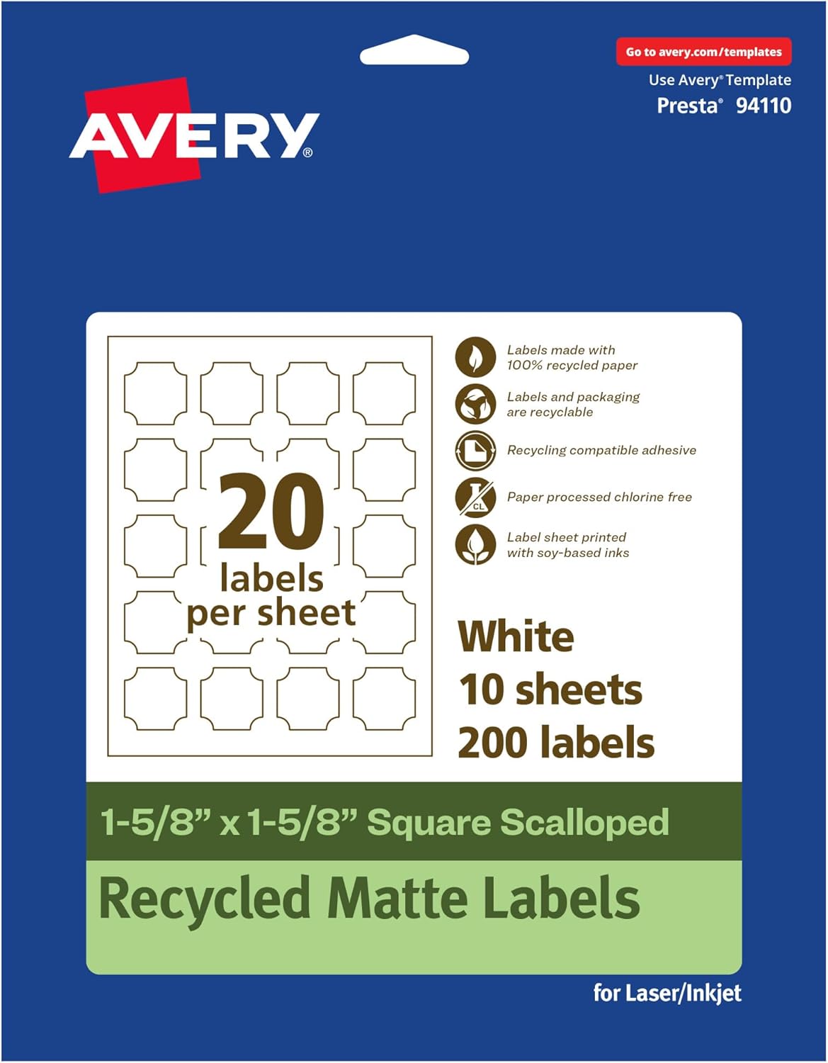 Avery EcoFriendly Matte White Recycled Square Scalloped Labels, 1-5/8" x 1-5/8", Print-to-The-Edge, Matte White Labels, Permanent Adhesive, Laser/Inkjet Printable, 200 Total 200 labels