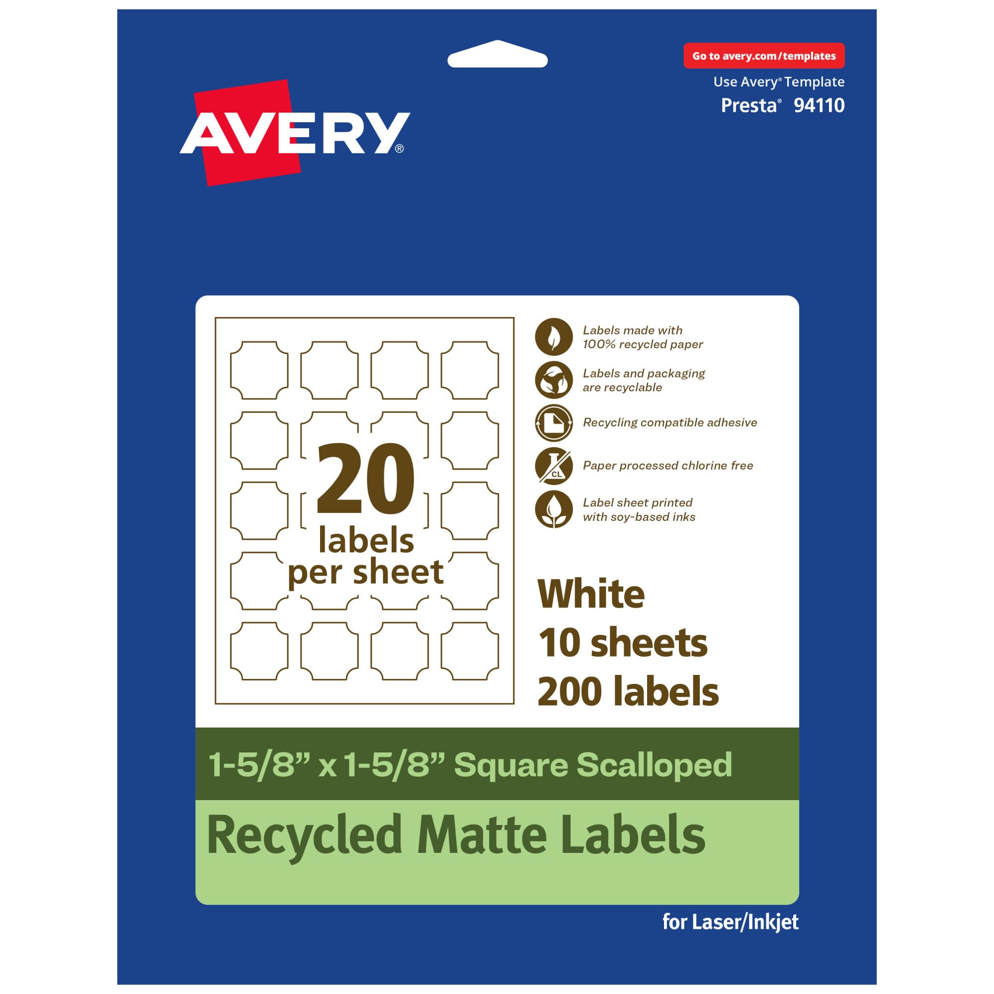 Avery EcoFriendly Matte White Recycled Square Scalloped Labels, 1-5/8" x 1-5/8", Print-to-The-Edge, Matte White Labels, Permanent Adhesive, Laser/Inkjet Printable, 200 Total 200 labels