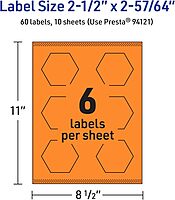 Avery Printable Hexagon Labels, Sure Feed Technology, 2-1/2" x 2-57/64", Bright Orange, Print-to-The-Edge