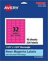 Avery Printable Rectangle Labels, Sure Feed Technology, 1-1/4" x 1-3/4", Neon Magenta, 320 Total