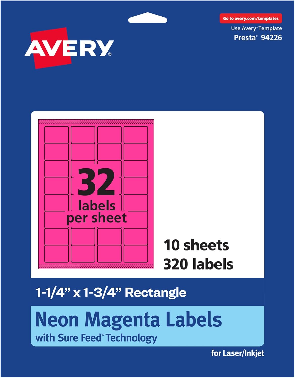 Avery Printable Rectangle Labels, Sure Feed Technology, 1-1/4" x 1-3/4", Neon Magenta, 320 Total