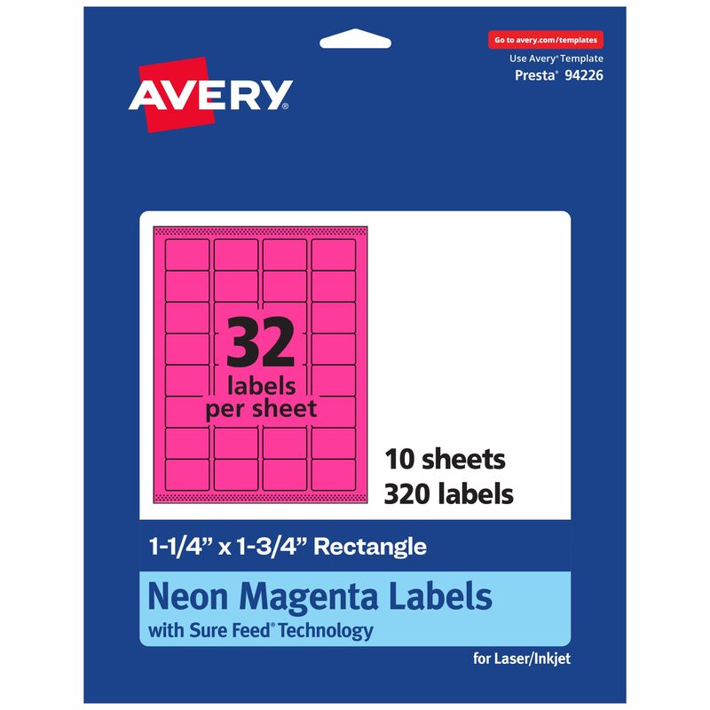 Avery Printable Rectangle Labels, Sure Feed Technology, 1-1/4" x 1-3/4", Neon Magenta, 320 Total