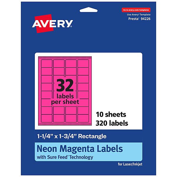 Avery Printable Rectangle Labels, Sure Feed Technology, 1-1/4" x 1-3/4", Neon Magenta, 320 Total