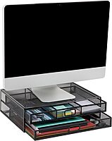 Mind Reader Monitor Stand, Ventilated Laptop Riser, Storage Drawer, Office, Metal Mesh, 15.75"L x 11.75"W x 4.5"H, Black 2 Drawers Black