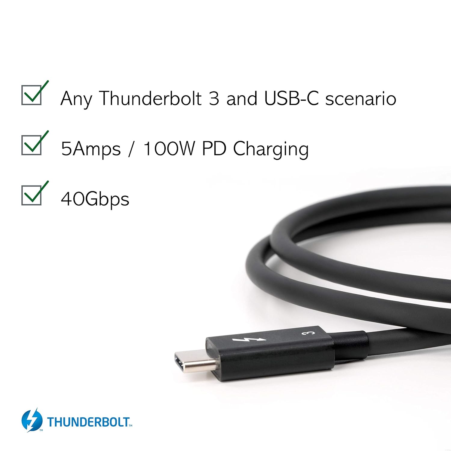 Plugable Thunderbolt 3 Cable 40Gbps Supports 100W (20V, 5A) Charging, 2.6ft / 80cm Thunderbolt-Certified USB C Compatible