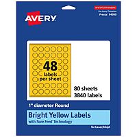 Avery Printable Round Labels, Sure Feed Technology, 1" Diameter, Bright Yellow, Print-to-The-Edge, Laser/Inkjet