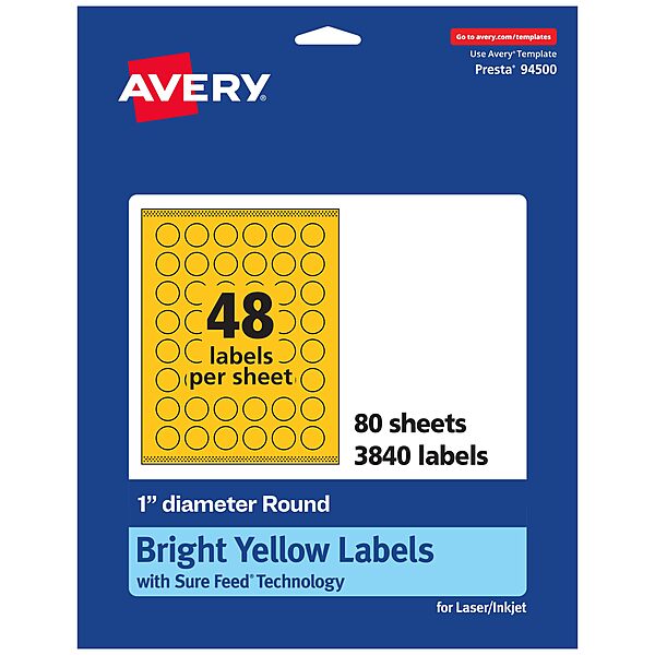 Avery Printable Round Labels, Sure Feed Technology, 1" Diameter, Bright Yellow, Print-to-The-Edge, Laser/Inkjet