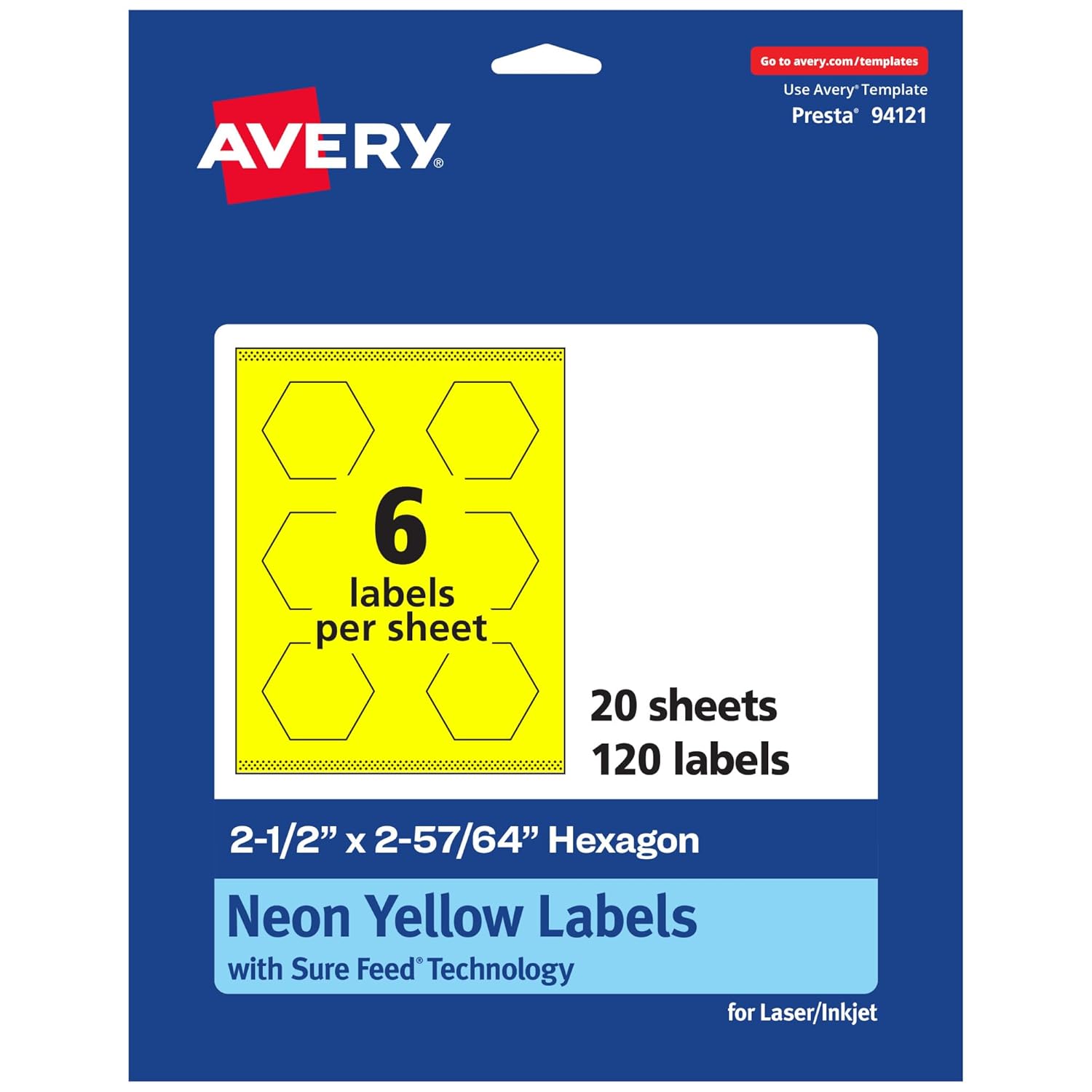 Avery Printable Hexagon Labels, Sure Feed Technology, 2-1/2" x 2-57/64", Neon Yellow, Print-to-The-Edge, Laser/Inkjet