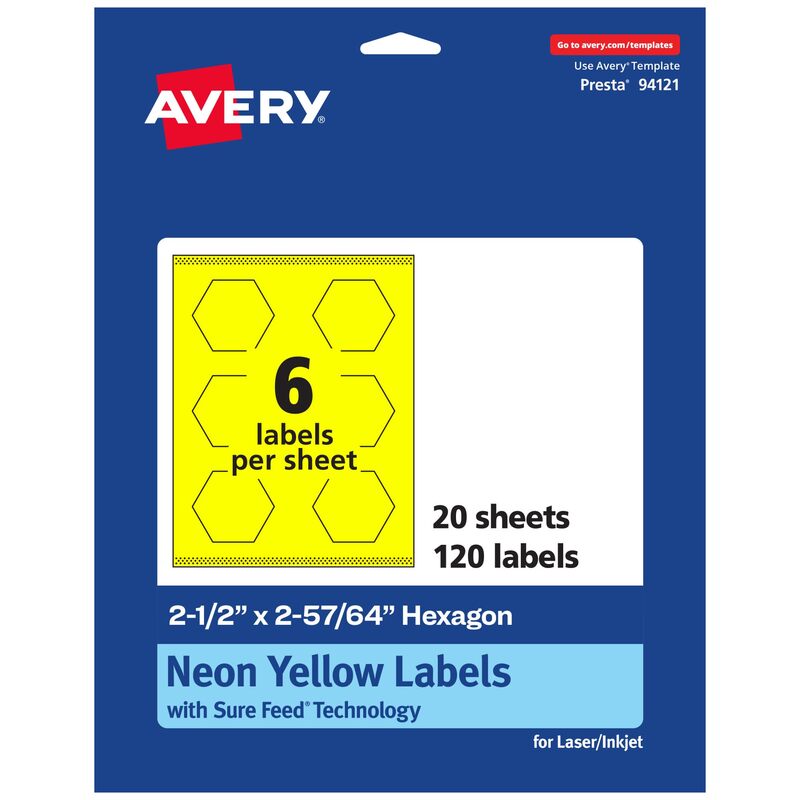 Avery Printable Hexagon Labels, Sure Feed Technology, 2-1/2" x 2-57/64", Neon Yellow, Print-to-The-Edge, Laser/Inkjet