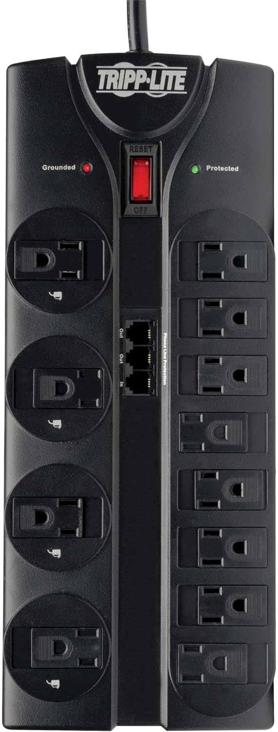 TRIPP LITE 12-Outlet Surge Protector Power Strip with Tel/Modem Protection, 8 ft Right-Angle Cord