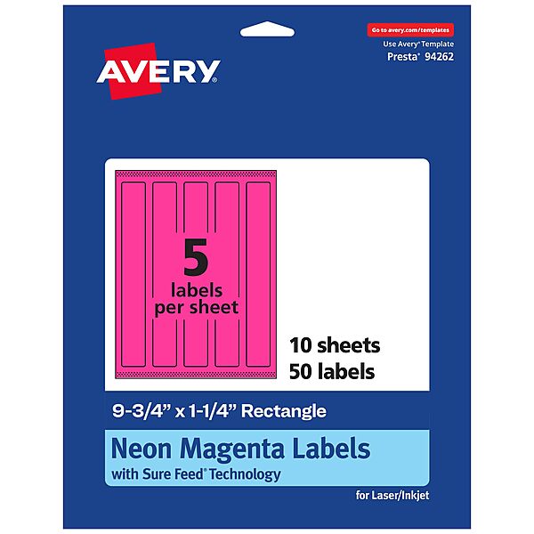 Avery Printable Rectangle Labels, Sure Feed Technology, 9-3/4" x 1-1/4", Neon Magenta Labels, Print-to-The-Edge, Laser/Inkjet Printable, 50 Total, Great for Candles and Jars 50 labels