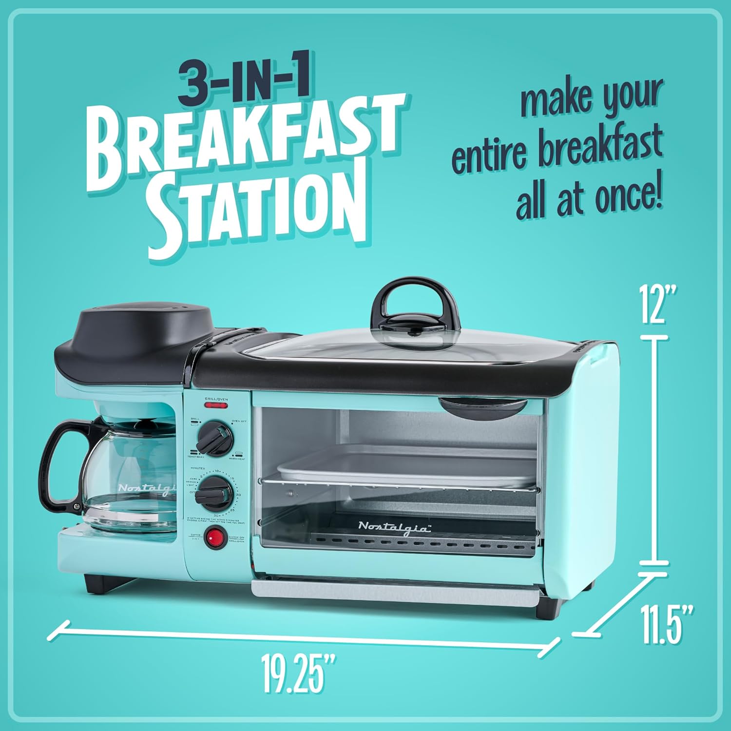 Nostalgia 3-in-1 Breakfast Station - Coffee Maker, Non-Stick Griddle, 4-Slice Toaster Oven