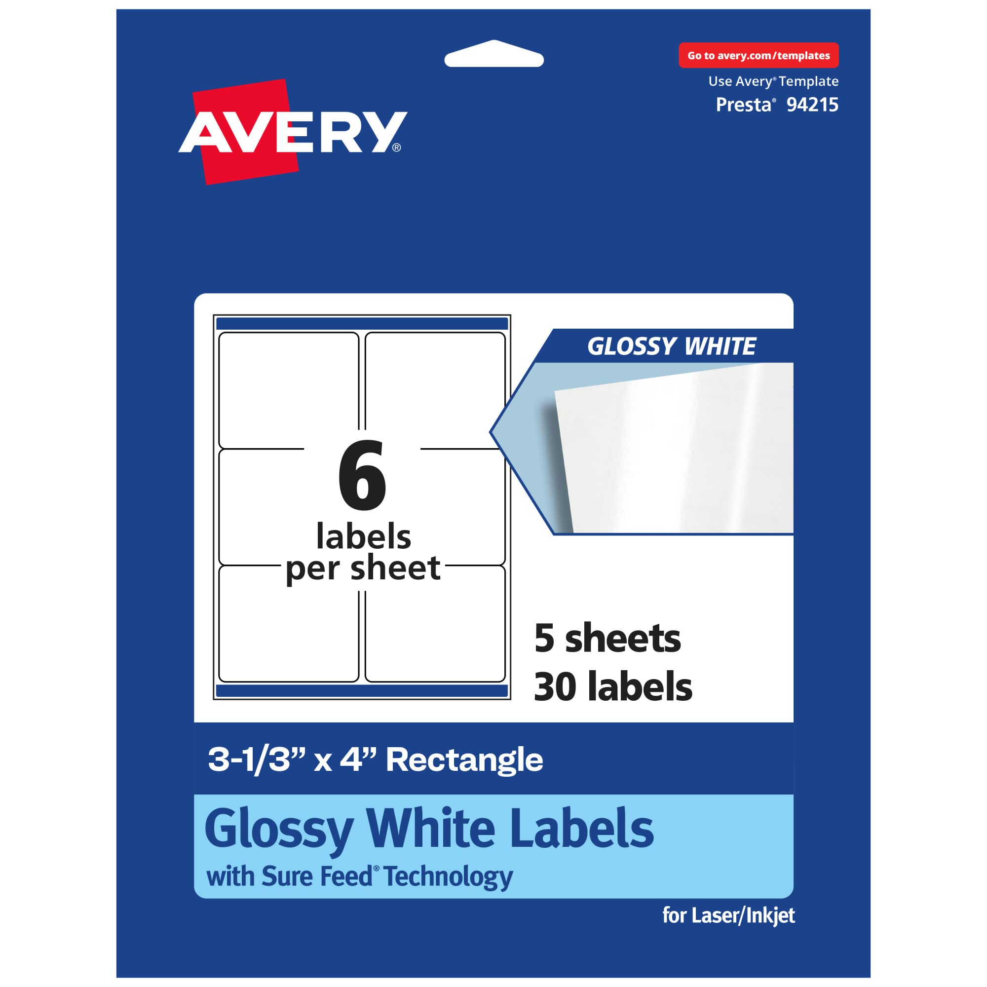AVERY Glossy Permanent Labels With Sure Feed, 94215, Rectangle 3-1/3in x 4in, White