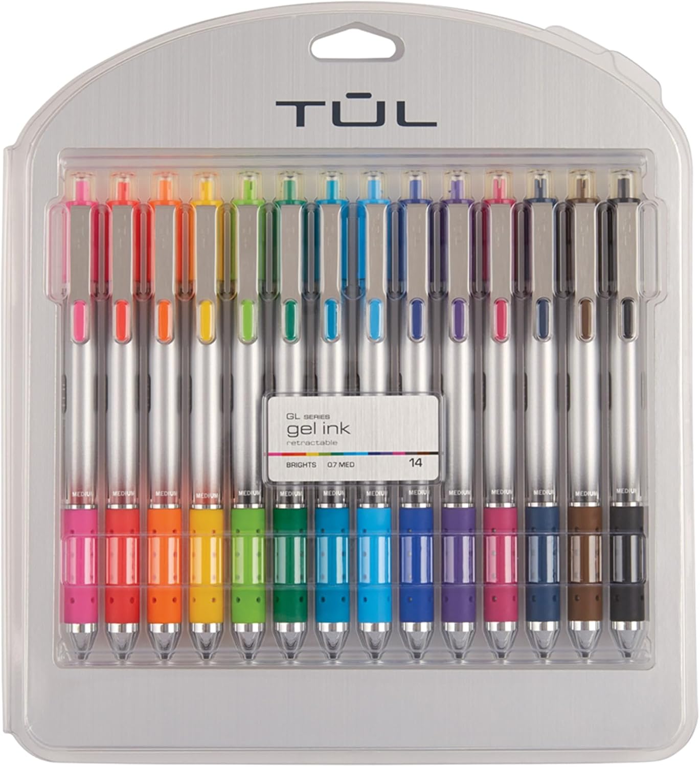 TUL GL Series Retractable Gel Pens, Medium Point, 0.7 mm, Silver Barrel, Assorted Standard & Bright Ink Colors