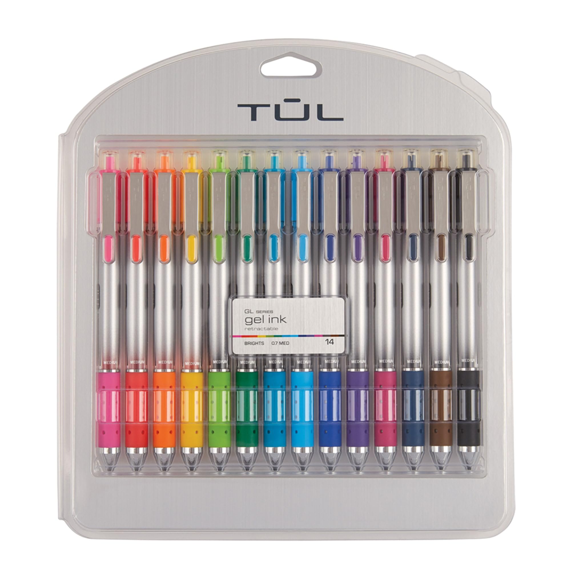 TUL GL Series Retractable Gel Pens, Medium Point, 0.7 mm, Silver Barrel, Assorted Standard & Bright Ink Colors