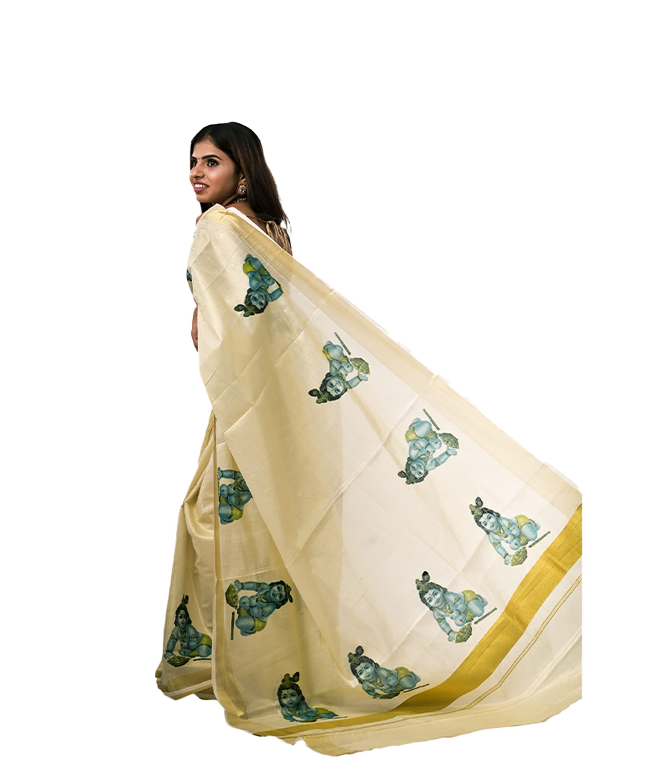 Kuthampully Kerala Kasavu Saree Tissue Mural Painted | Traditional South Indian Saree | Onam Saree - Multi Color KTM-620