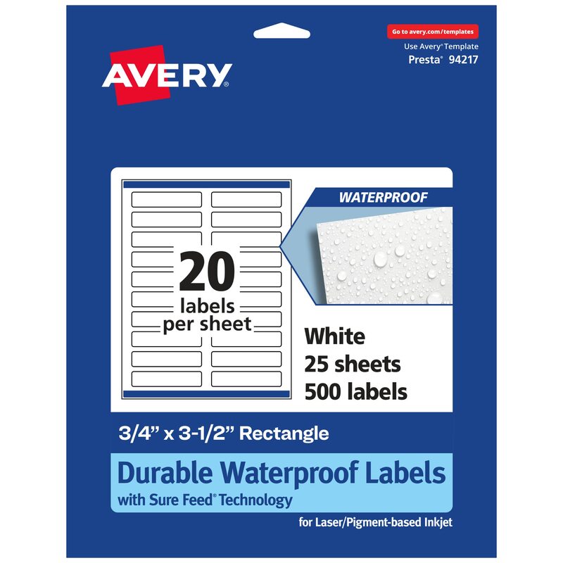 Avery Durable Waterproof Rectangle Labels, Sure Feed Technology, 0.75" x 3.5", 500 Total, Oil and Tear-Resistant Waterproof Labels, Print-to-The-Edge, Laser/Pigment-Based Inkjet Printable 500 labels