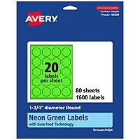 Avery Printable Round Labels, Sure Feed Technology, 1.75" Diameter, Neon Green, Print-to-The-Edge, Laser/Inkjet Printable