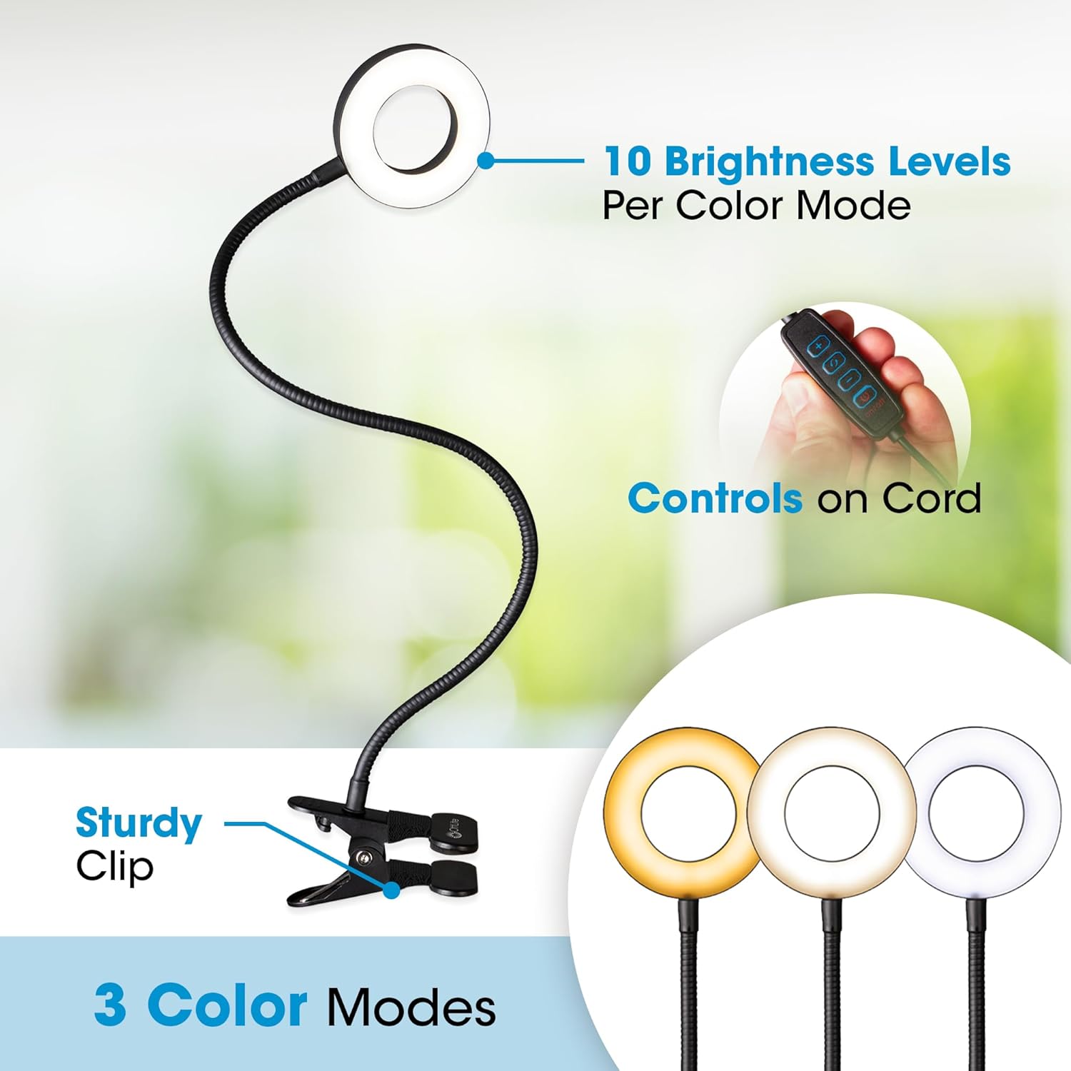 OttLite® Wellness Series Capture Clip-On LED Ring Light, 25"H, 11.5W, Black