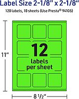 Avery Printable Square Labels, Sure Feed Technology, 2-1/8" x 2-1/8", Neon Green Labels, Print-to-The-Edge