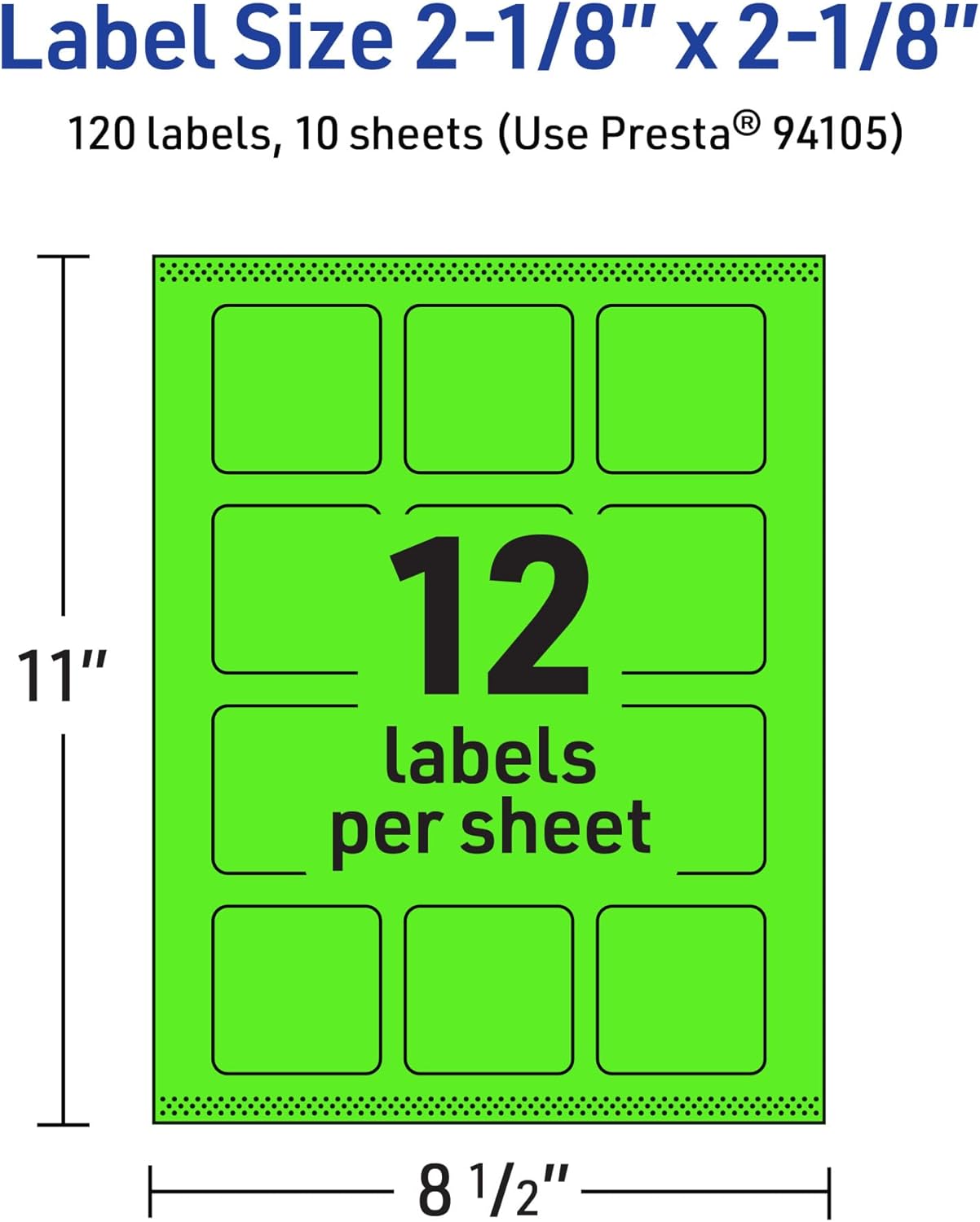 Avery Printable Square Labels, Sure Feed Technology, 2-1/8" x 2-1/8", Neon Green Labels, Print-to-The-Edge
