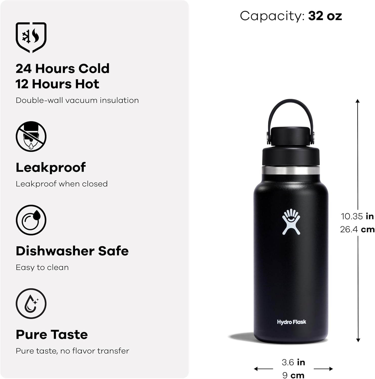 HYDRO FLASK Wide Mouth Insulated Stainless Steel Water Bottle with Flex Chug Cap