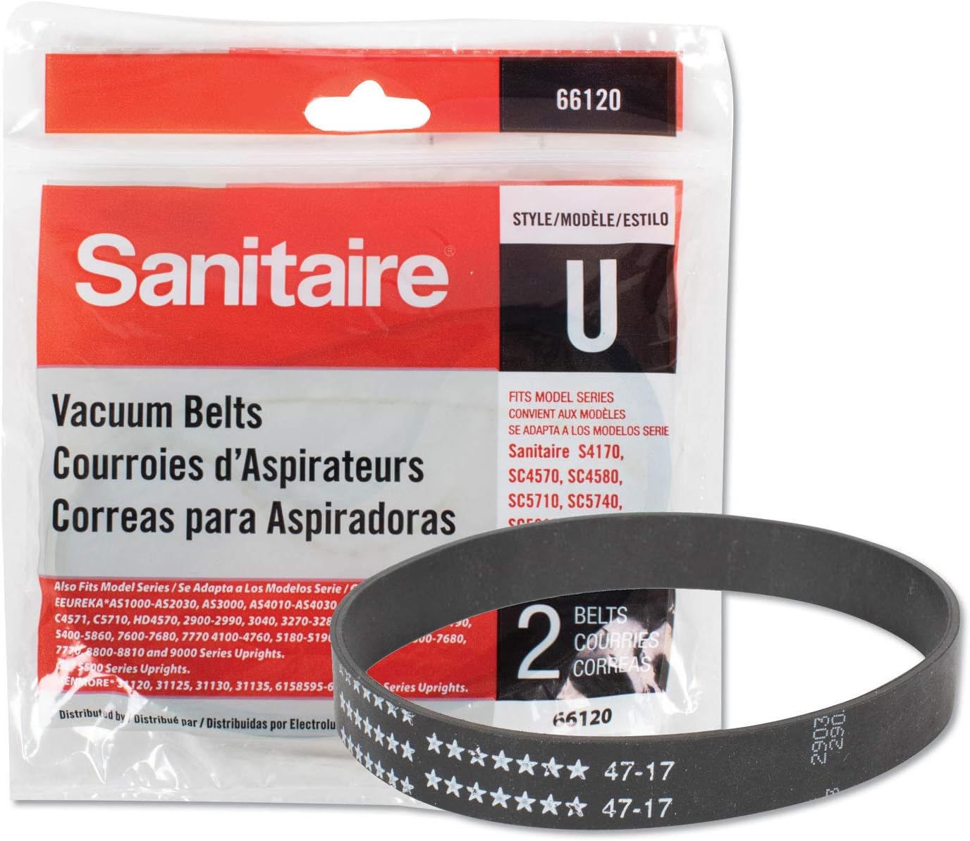 Sanitaire Style U Vacuum Belts, Compatible With Sanitaire SC5700-5800 Vacuums, 7-1/2in x 5-1/2in, Black, Pack Of 2 Belts