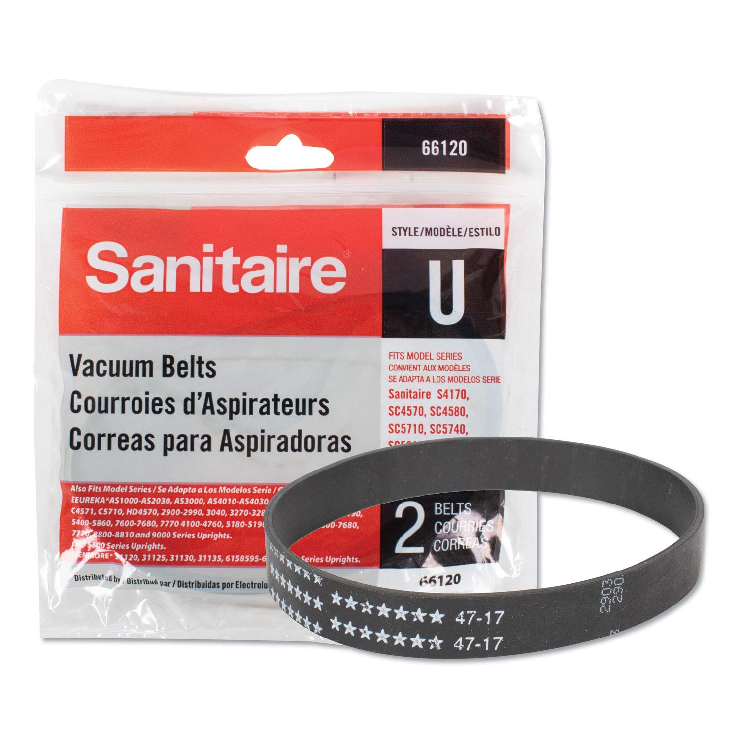 Sanitaire Style U Vacuum Belts, Compatible With Sanitaire SC5700-5800 Vacuums, 7-1/2in x 5-1/2in, Black, Pack Of 2 Belts
