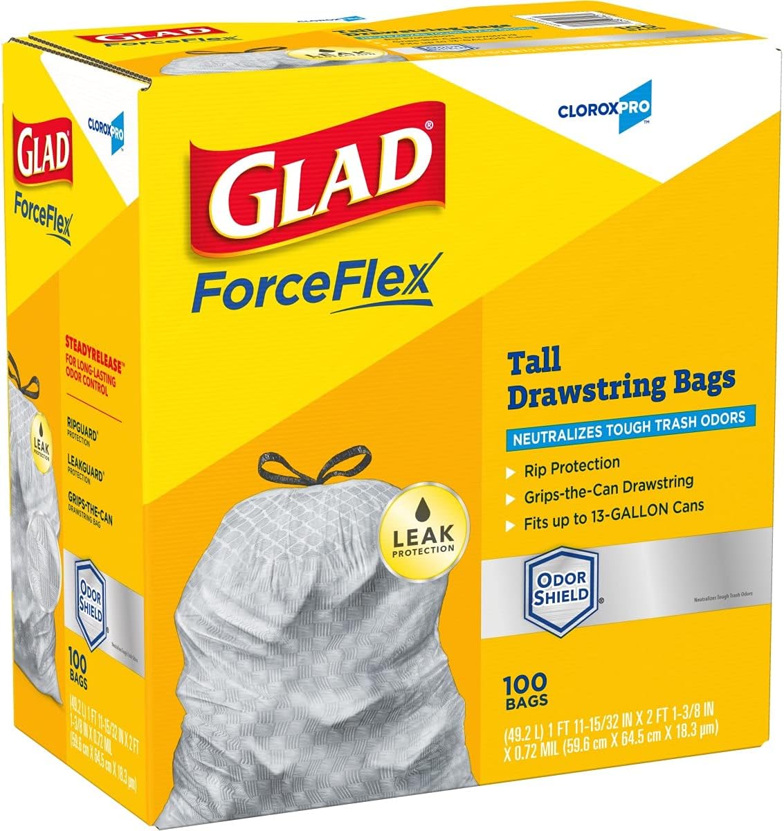 Glad Trash Bags, ForceFlex Tall Kitchen Drawstring Garbage Bags, Clorox 13 Gallon Trash Bags for Tall Trash Can