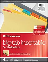 Office Depot® Brand Insertable Dividers With Big Tabs, Buff, Assorted Colors, 5-Tab, Pack Of 4 Sets