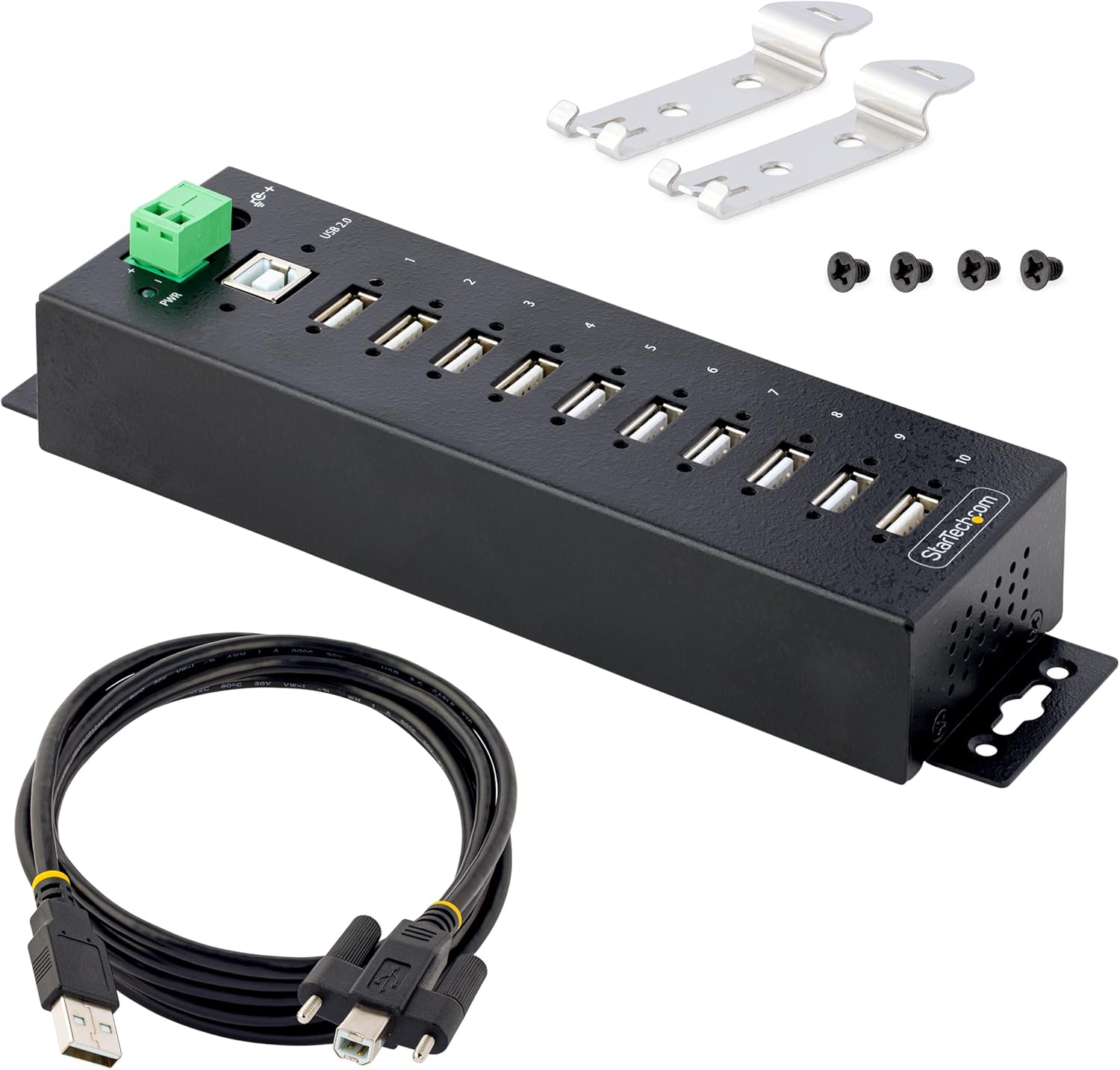 StarTech.com 10-Port Industrial USB 2.0 Hub, Rugged USB Hub withESD Level 4 Protection, DIN/Wall/Desk-Mountable USB-A Hub