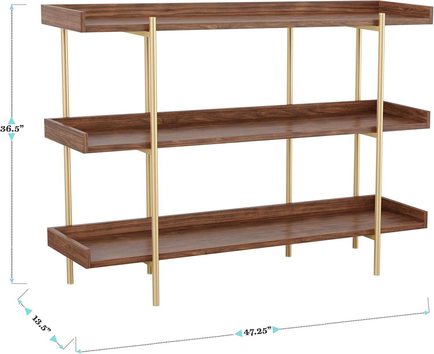 Martha Stewart Emmett 3 Shelf Storage Display Unit Bookcase with Metal, Set of 1, Walnut Wood Grain/Polished Brass Frame