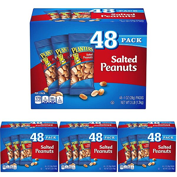 PLANTERS Salted Peanuts, 1 oz. Bags (192 Pack) - Snack Size Peanuts with Sea Salt & Simple Ingredients - Convenient Snacking - Kosher