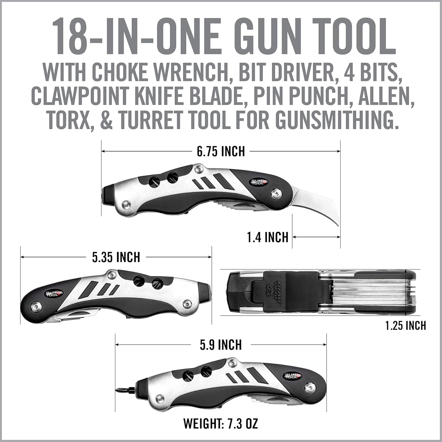 Real Avid Gun Tool - 18-In-1 Gunsmithing Shotgun & Rifle Multi Tool - Bit Driver, Torq Bits, Choke Tube Wrench, Allen Wrench