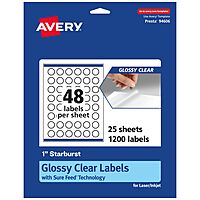 AVERY 1" Glossy Clear Starburst Labels, Sure Feed Technology, Print-to-The-Edge