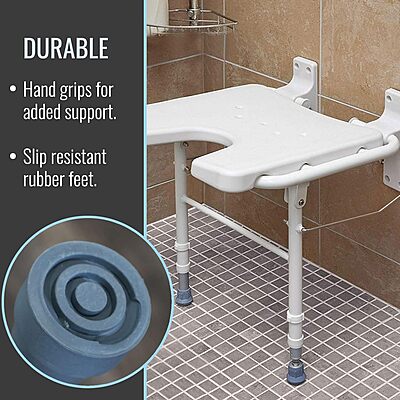 HealthSmart Wall Mount Fold Away Bath Chair Shower Seat Bench with Adjustable Legs, FSA and HSA Eligible, Seat 16 x 16 Inches, White