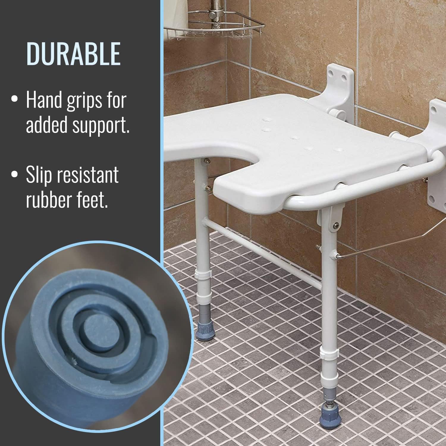 HealthSmart Wall Mount Fold Away Bath Chair Shower Seat Bench with Adjustable Legs, FSA and HSA Eligible