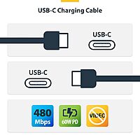 StarTech.com 3ft (0.9m) USB-C Charging Cable, USB C Cable, USB 2.0 Type-C Laptop Charger Cord, 60W 3A Power Delivery, M/M