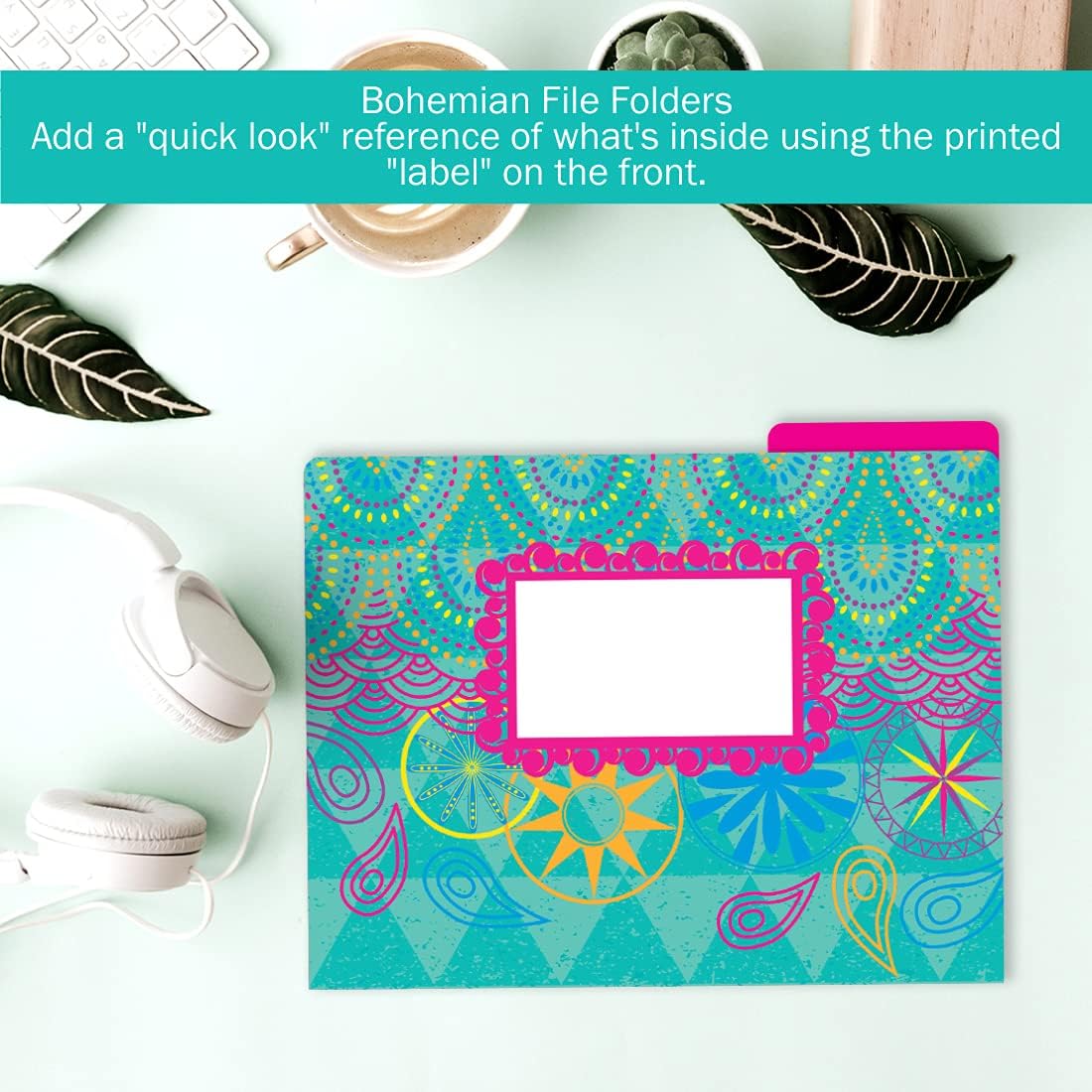 Barker Creek Designer File Folders, Bohemian, Multi-Design, Playful Patterns on Outside, Solid Colors on Inside, Letter Size