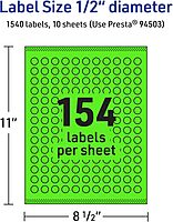 Avery Printable Round Labels, Sure Feed Technology, 1/2" Diameter, Neon Green Labels, Print-to-The-Edge, Laser/Inkjet, 1