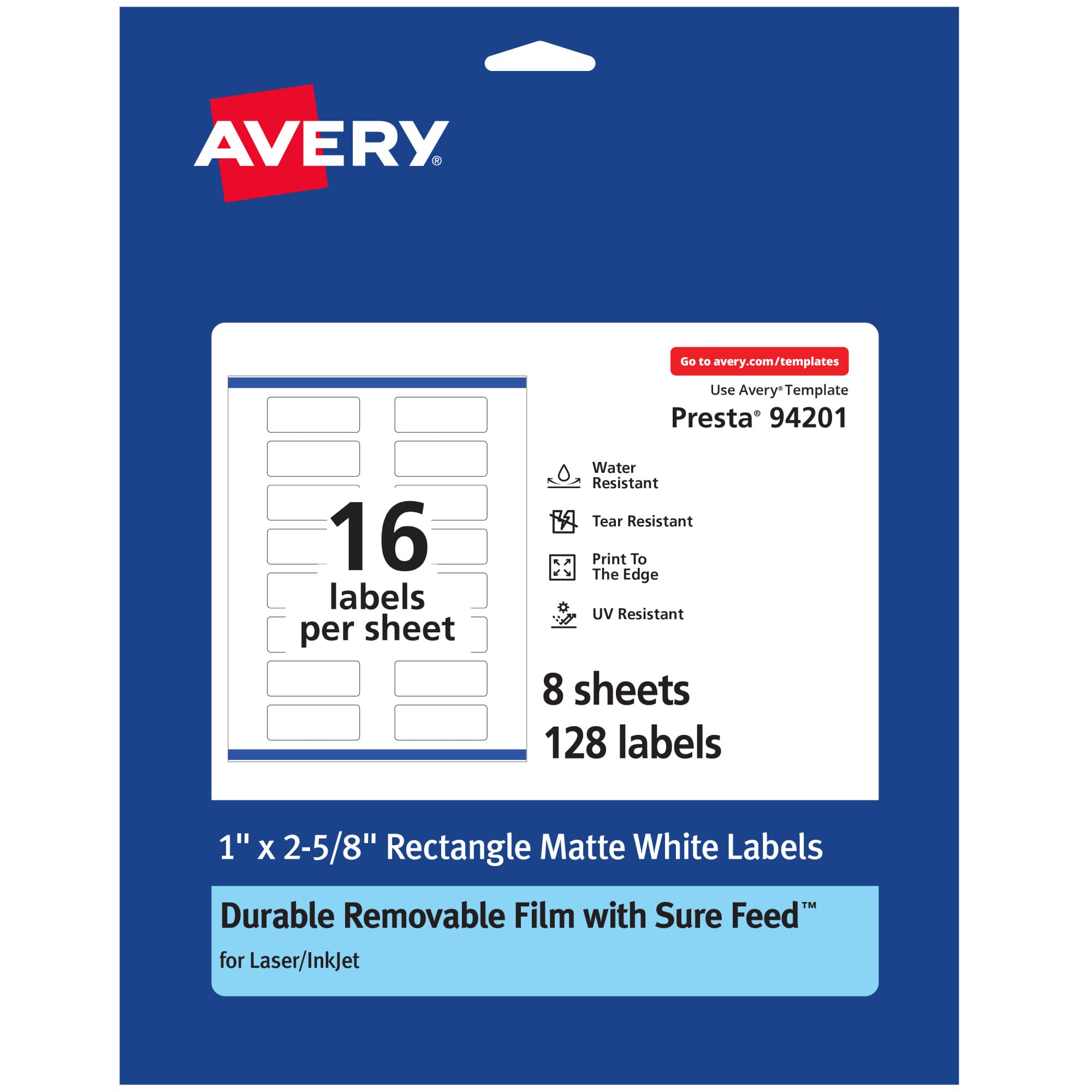 AVERY Durable Removable Rectangle Labels, Sure Feed Technology, 1" x 2-5/8", Matte White Film
