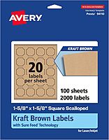 Avery Kraft Brown Square Scalloped Labels, Sure Feed Technology, 1-5/8" x 1-5/8", Print-to-The-Edge, Laser/Inkjet Printable