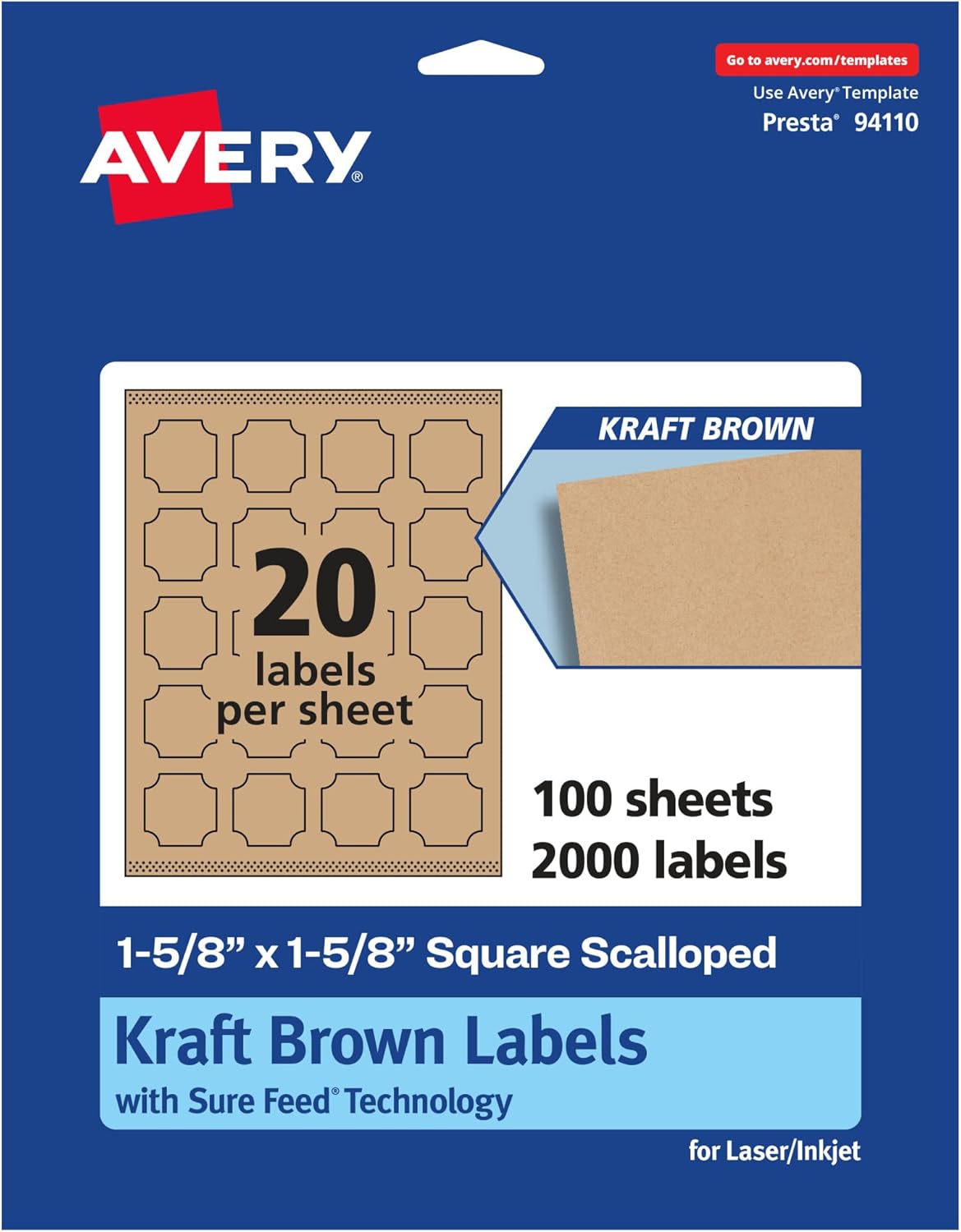 Avery Kraft Brown Square Scalloped Labels, Sure Feed Technology, 1-5/8" x 1-5/8", Print-to-The-Edge, Laser/Inkjet Printable