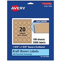 Avery Kraft Brown Square Scalloped Labels, Sure Feed Technology, 1-5/8" x 1-5/8", Print-to-The-Edge, Laser/Inkjet Printable