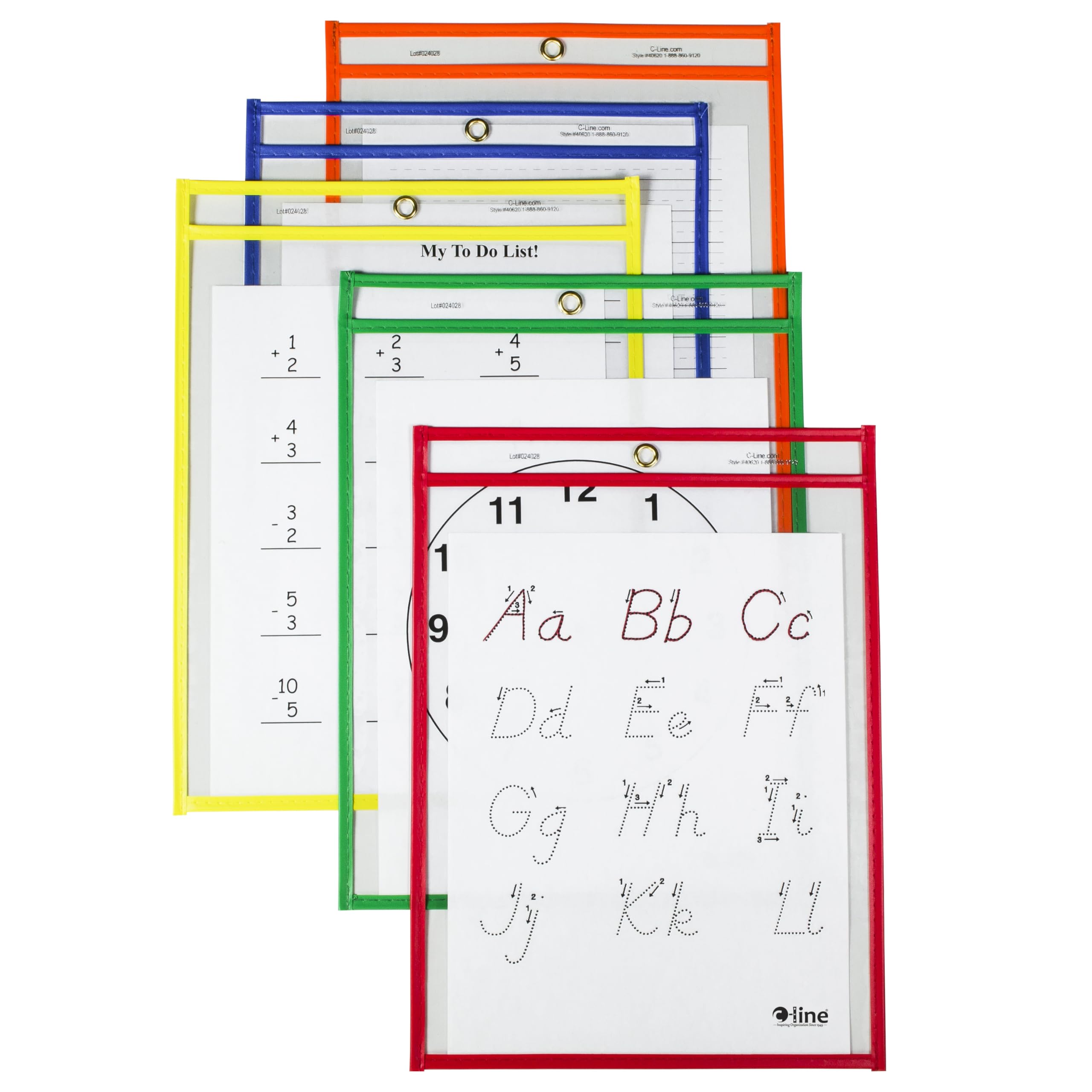 C-Line Reusable Dry Erase Pockets, 9 x 12 Inches, Assorted Primary Colors, 25 Pockets per Pack (40620)