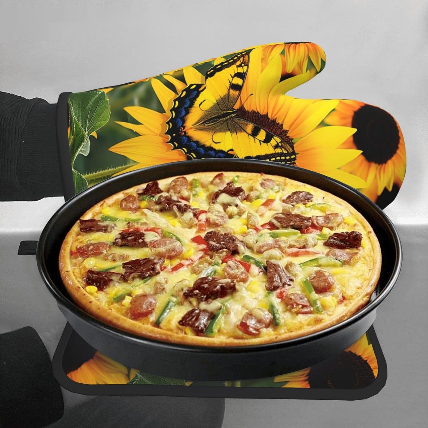 Butterfly Blooming Sunflower Plants Flowers Printed Oven Mitts and Pot Holders Set of 2 - Heat Resistant
