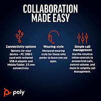 Poly Blackwire 5220 Stereo USB-C Headset + 3.5mm Plug + USB-C/A Adapter - Microsoft Teams Certification - 8X231AA