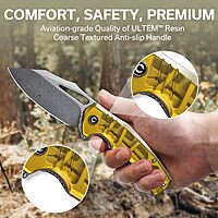 CIVIVI BullTusk Pocket Knife for Camping Fishing Hunting, Folding Knife with Flipper, 3.48" Curved Damascus Blade Ultem Handle, Cool Pocket Knife for Men Women Gift C23017-DS1 Translucent Amber