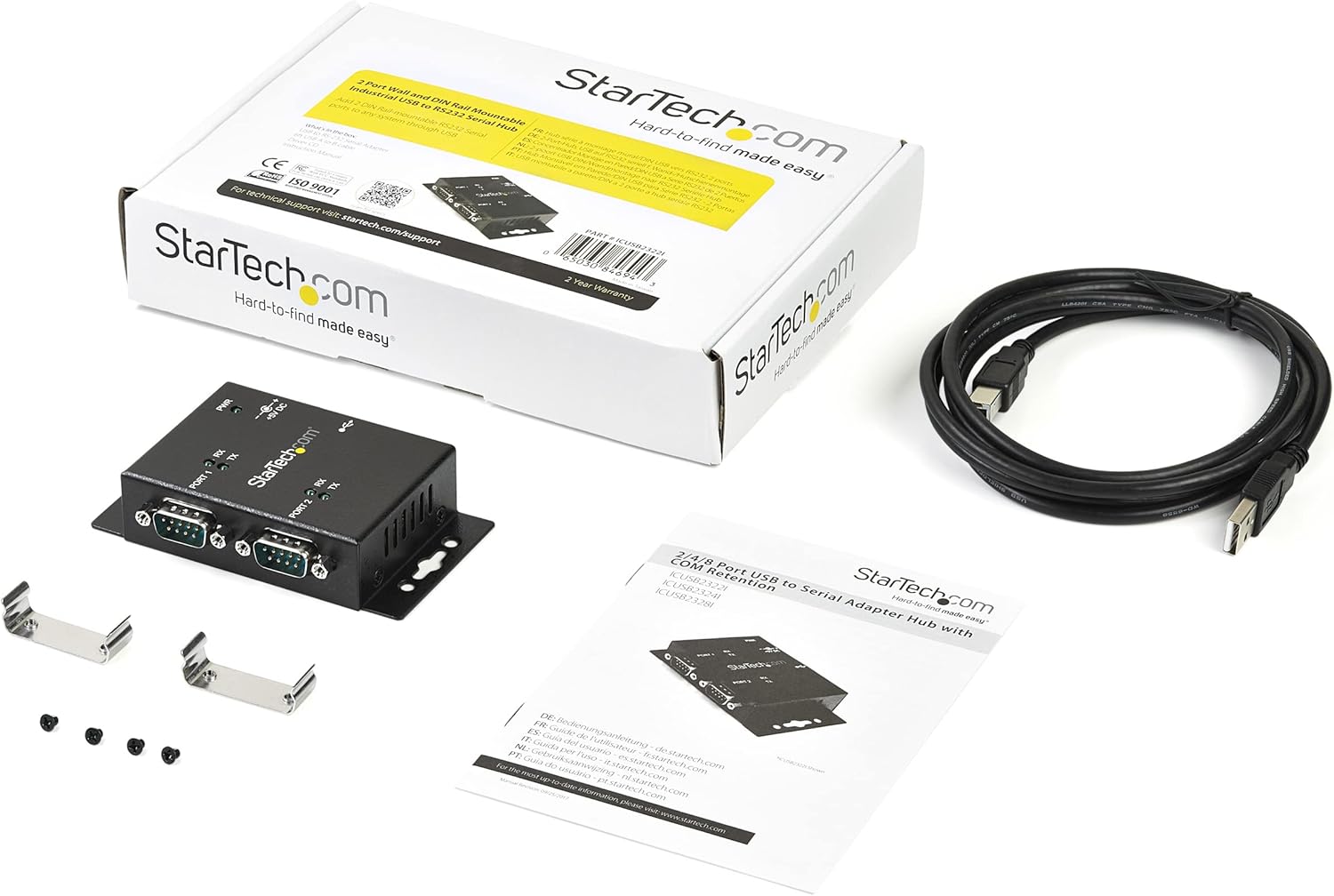 StarTech.com USB to Serial Adapter - 2 Port - Wall Mount - Din Rail Clips - Industrial - COM Port Retention - FTDI - DB9