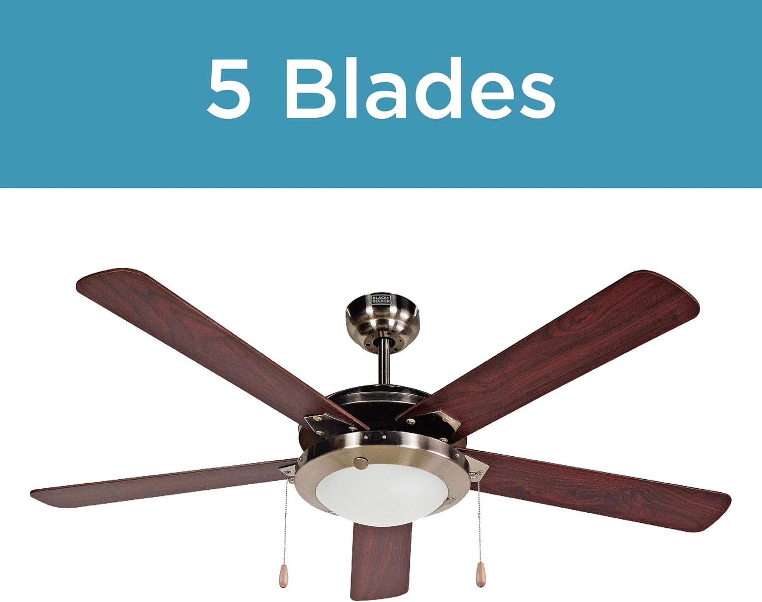 Black+Decker BCF5211 52-Inch 5-Bladed Pull Chain Brushed Nickel Ceiling Fan - 5 Blades - 52in Diameter - 3 Speed